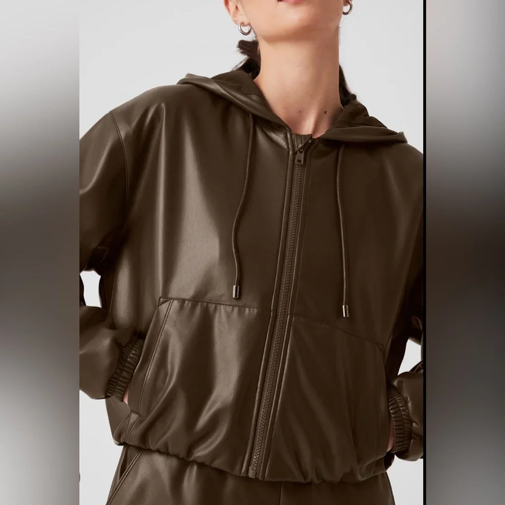 ALO Yoga Olive Green Faux-Leather Hooded Utility Jacket